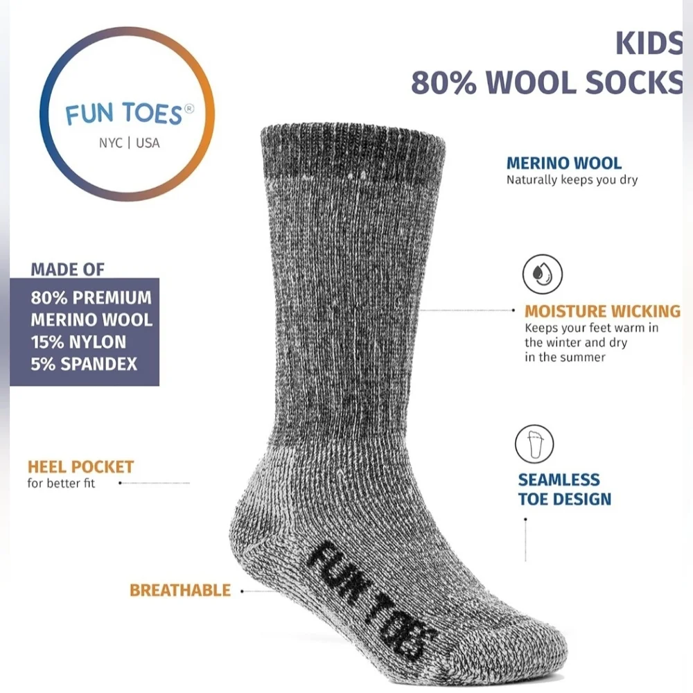 Nwt 3 Pair Merino Wool Fun Toes Kids Socks Cushioned Skiing Hiking Winter Snow